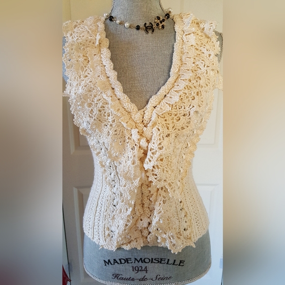 $2,200 OSCAR DE LA RENTA IVORY SILK WOOL EXCL CABLE KNIT RUNWAY BLOUSE M - Picture 3 of 13
